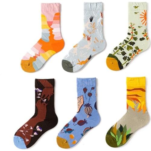 Novelty Funny Socks Men Graphic Socks Cotton Colorful Plant Sun Illustration Design Abstract Pattern Cartoon Creative Men Women
