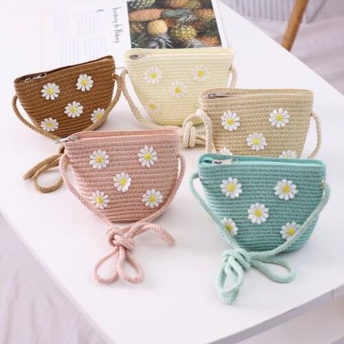 Children Girls Shoulder Bag Straw Small Crossbody Bags Daisy Flower Messenger Bag Kids Key Coin Purse Cute Princess Mini Handbag