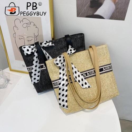 Retro Women Bag Summer Beach Woven PU Letters Silk Scarf Large Tote Shoulder New Collection Korean Style Female Tote