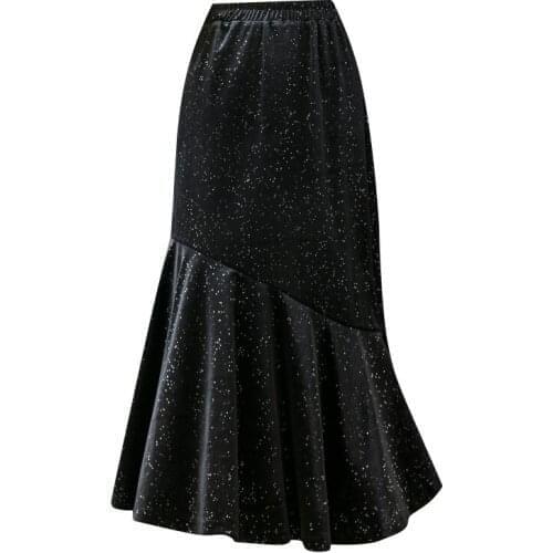 Peikong Brand Velvet Irregular Flounced High Waist Fishtail Long Pleated Winter Black Sexy Skirt Slimming A- Line Skirts Womens