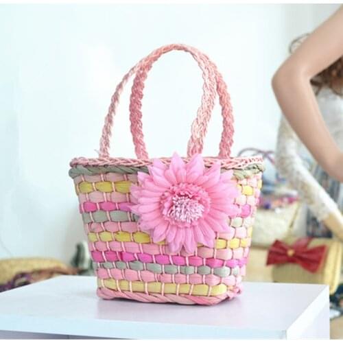 19X15CM European children little girl women handbag corn husk woven bag with big flower A2286
