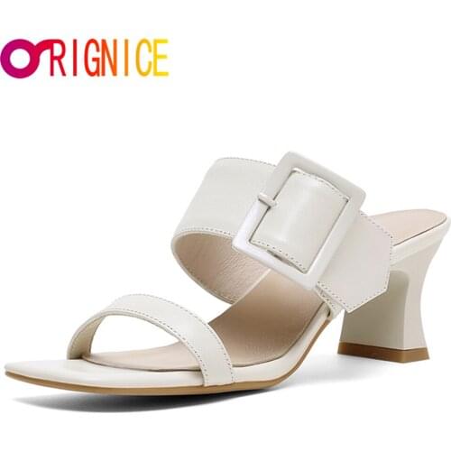 Orignice Brand New 2021 Summer Strange Heels Women Gladiator Sandals Slippers Fashion Square Toe Genuine Leather Flip Flops