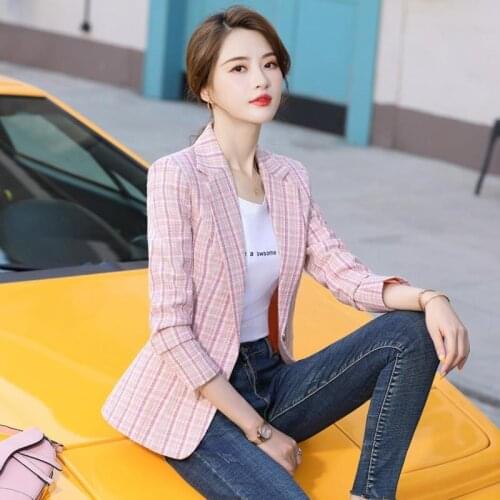 Women Jacket Spring Autumn Long Sleeve Office Lady Slim Short Plaid Jacket Blazer Pink Khaki Simple Fashion Coat Plus Size 2020