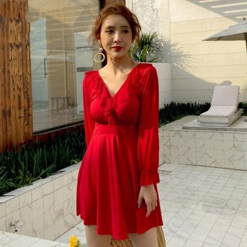 2021 new swimsuit female one-piece cover belly slimming sexy small breasts gathered conservative hot spring swimsuit dress women