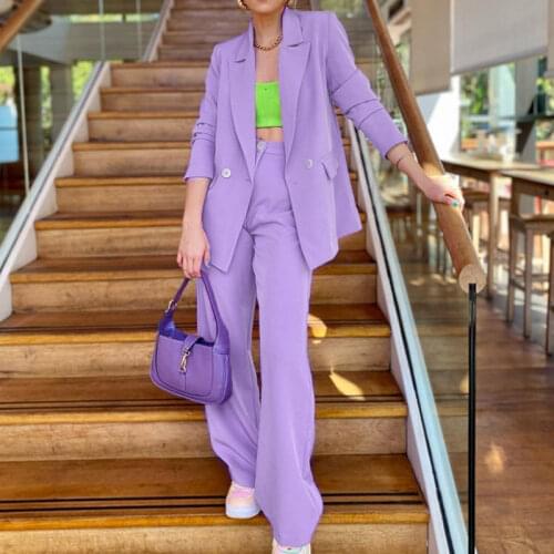 Womens Purple Solid Design Corduroy Blazers Notched Double Breasted and Chic Solid Trouser Korean Style Spring Fall All-match