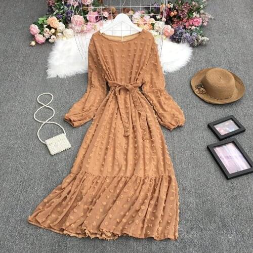2021 Solid Maxi Long Dress For Women Fall New O Neck Full Sleeve Lace-up Waist Lady Ruffled Big Hem Dress Bohemia 7 Colors e035