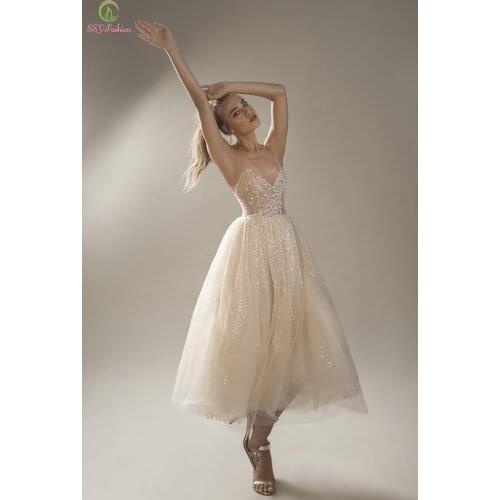 SSYFashion New Cocktail Dresses for Women Sexy V-neck A-line Tea-length Glitter Sequins Party Formal Gowns Vestidos De Noche