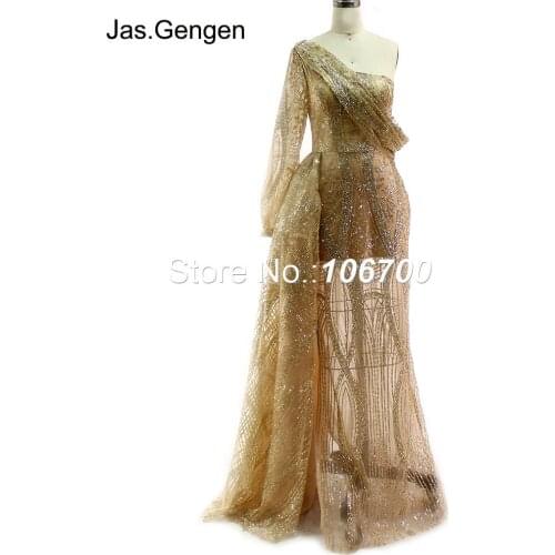 Arabic One Shoulder Long Sleeve Evening Dress Glitter Fabric Hand Made Pleat Side Splits with Side Train Party New Prom Gowns