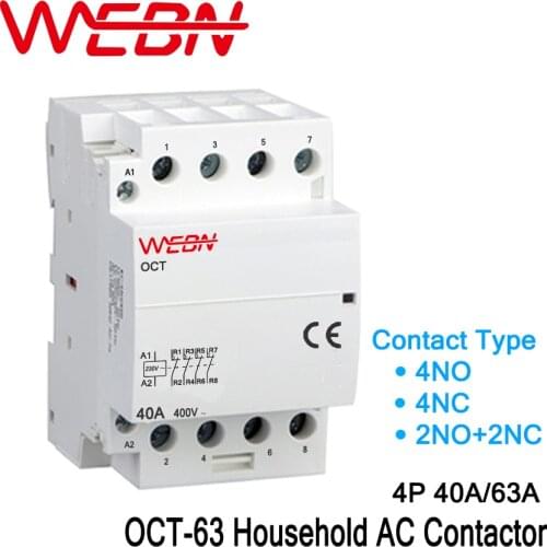 OCT-63 Series 4P 40A/63A Automatic Operation AC Household Contactor 220V/230V 50/60Hz Contact 4NO/2NO+2NC/4NC Din Rail Contactor