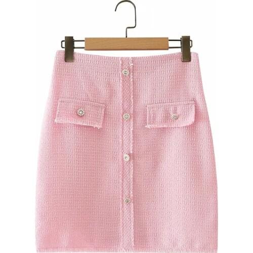 BBWM Women Street Tweed Pink Sexy Mini Skirt Casual Ladies Light Soft Casual Button Decoration Slim High Waist Chic Skirts