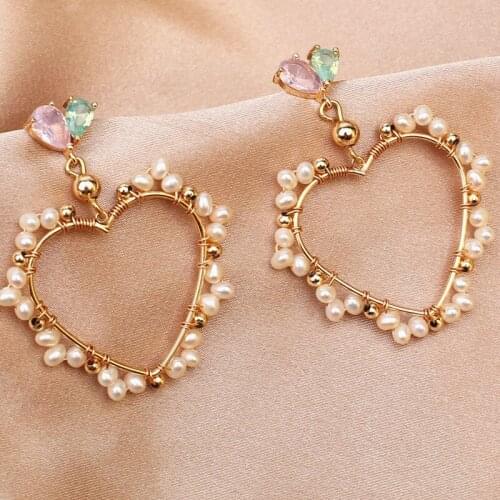 Best seller 2021 real gold plating heart shape safe 925 stud tiny natural pearl handmade earring lady jewelry wedding fashion