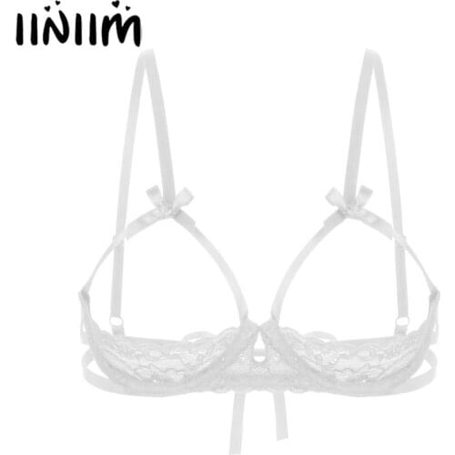 Womens Ladies Erotic Bras See Through Sheer Lace Bra Hole Open Cups Sissy Back Tie Up Underwired Lingerie Fantasias Bra Tops