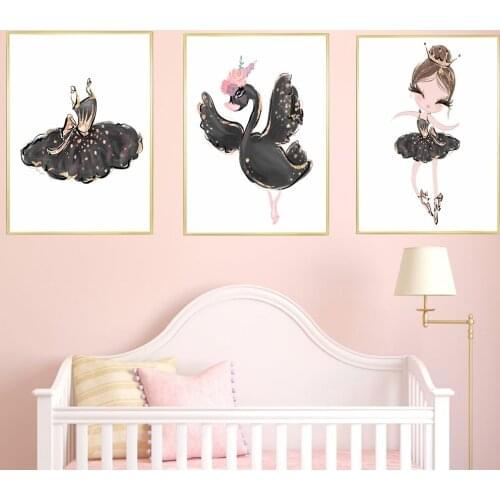 Baby Girls Nursery Ballerina Wall Art Swan Princess Black Ballet Slipper Print Kids Canvas Printing Pictures For Living Room