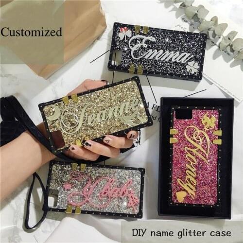For Xiaomi Redmi Note9 Note8 Pro Max Note 9s 4G POCO X3 NFC Unique Custom Name Letter Sparkle Square Phone Case Cover Strap