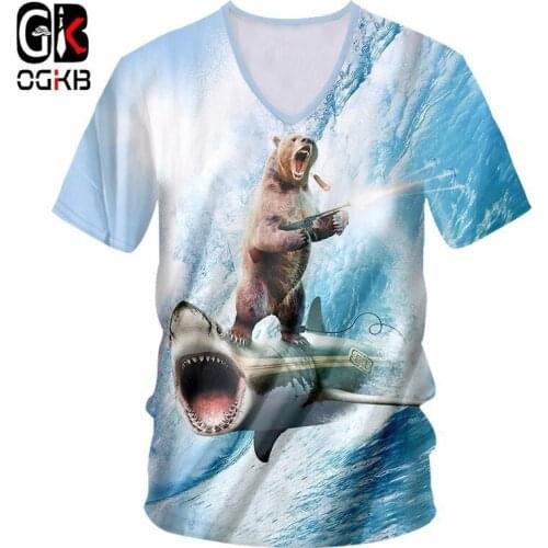 OGKB Deep V Neck Tshirt New Harajuku Women/mens Funny Print Shark Bear 3d T-shirt Man Bodybuilding Fitness Casual Tee Shirts