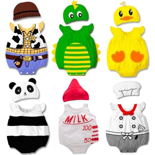Umorden Infant Toddler Baby Cartoon Dinosaur Panda Chef Duck Cowboy Costume Summer Short Rompers Jumpsuit Halloween Fancy Dress