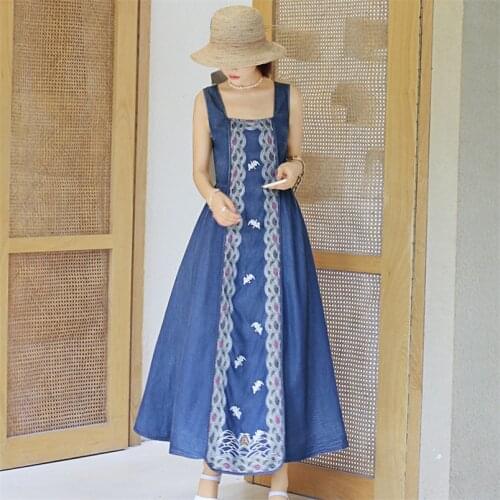 Summer Denim Embroidery Dress 2020 Vintage Sleeveless Womens Tank DRESS Swing Hem Sundress Q2229 Vestidos Female