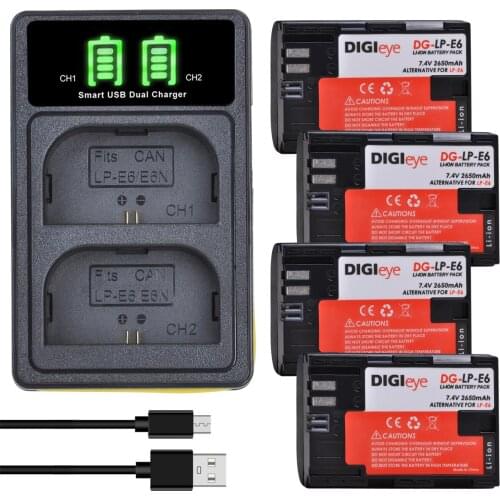 2pc 2650mAh LP E6 LPE6 LP-E6 E6N Battery + LED Dual Charger For Canon Camera EOS 5DS R 5D Mark II 5D Mark III 6D 7D 70D 80D