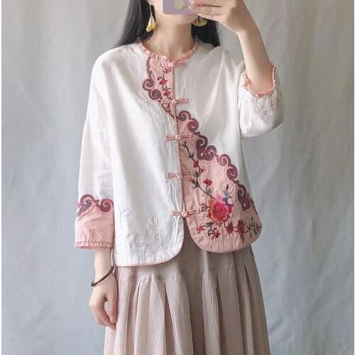 Retro Embroidered Chinese Style Clothing Women Clothes 2021 New Chinese Zen Tea Tang Suit Cotton Linen Hanfu Women Tops KK3633