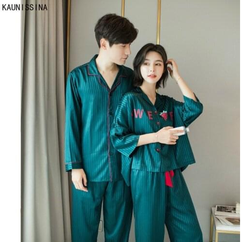 Autumn Long Pajamas Women Men Silk Sleepwear Casual Turn-down Collar Striped Pocket Spring Couple Pajama Set Homewear