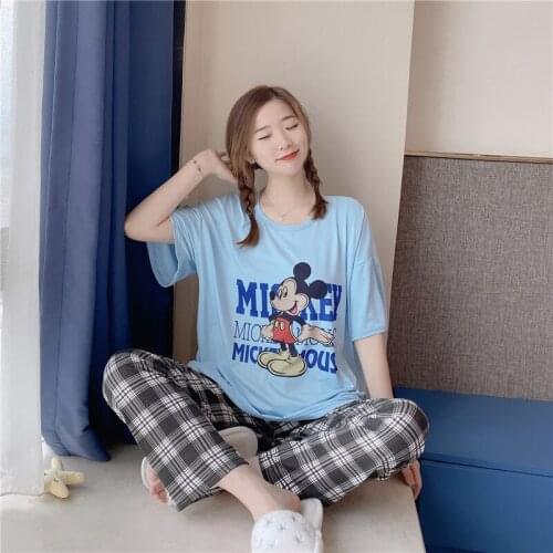 Ladies cartoon new pajamas print Mickey Minnie Daisy Donald Duck pattern short-sleeved trousers loose pajamas home service suit