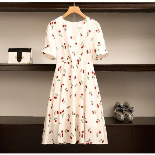 Summer New Dresses Plus Size French V-Neck Dresses Cute Cherry Print Puff Sleeve A-line Slim Vestidos Elegant Dresses Custom Fit