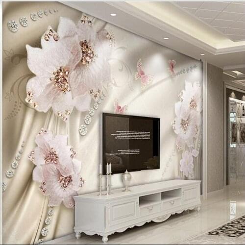 Beibehang Custom large fresco luxury diamond flowers 3d jewelry TV backdrop nonwovens super green wallpaper papel de parede
