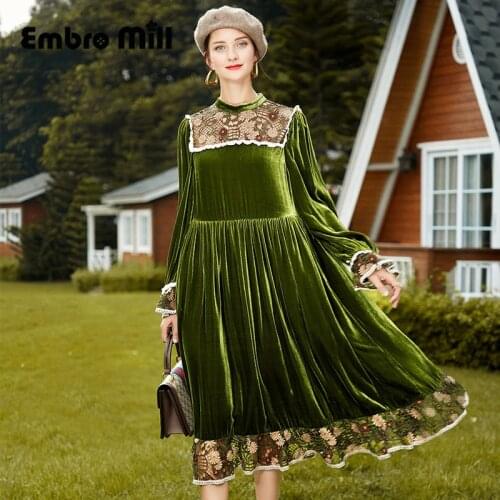 Silk Flocked Butterfly Sleeve Womens Autumn And Winter New Vintage Palace Style Loose Mid-Length Lace Spliced A-line Dress S-XL