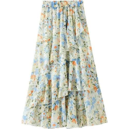 Floral Chiffon Skirt Women Summer Long Irregular Fishtail Skirt Women Ruffle Printed Cake Skirt Femme