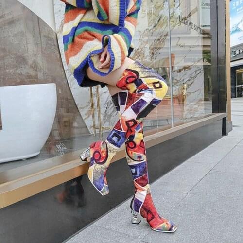 SIMLOVEYO Autumn Mid-calf Stretch Fabric Over-the-knee boots Crystal Square toe Strange Chunky heel Big size 34-48 Party B2055