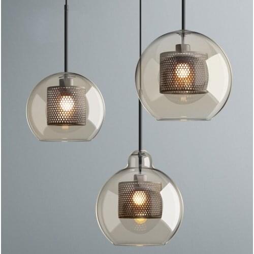 Glass Ball Pendant Lights Modern Loft Decor Industrial Hanging Lamp Kitchen Dining Room Light Fixtures Iron Led Bar Pendant Lamp