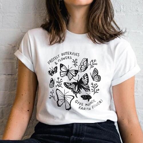 Protect Butterflies & Flowers Tshirt Women Save The Earth Eco T-shirt 90s Grunge Summer Fashion Graphic Topps Tees Drop Shipping