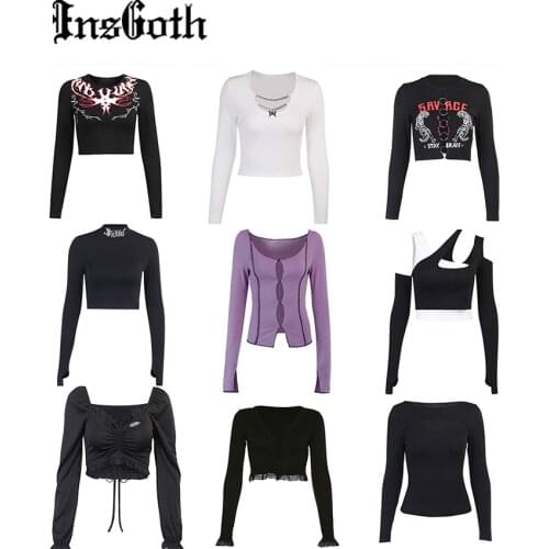InsGoth Gothic Vintage Long Sleeve Black T Shirt Y2K Harajuku Sexy Bodycon Crop Top Goth Fairy Grunge Autumn Basic T-shirts 2021