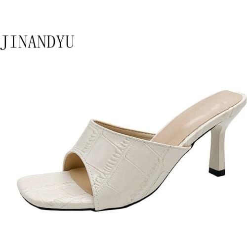 Size 42 43 High Heels Slippers Women Summer Beige Yellow Black Heels Women Slippers Sandals Ladeis Shoes New Simple Slippers