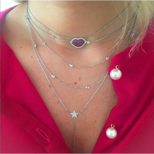 Red kiss Lips Mouth sexy fashion Necklace Jewelry cubic zirconia Women Necklace Pendants gold color Chain Valentines Lover Gift