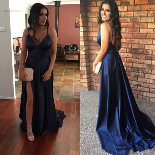 Sexy Nave Blue Prom Dresses With Deep V Neck Side Split Evening Dress Sweep Train Satin Sexy Back Formal Cocktail Party Dress