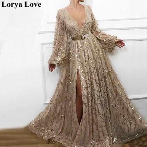 Split A-Line Sequin Evening Dresses 2020 Women Champagne Long Sleeves Formal Party Robe De Soiree Luxury Champagne Prom Gowns