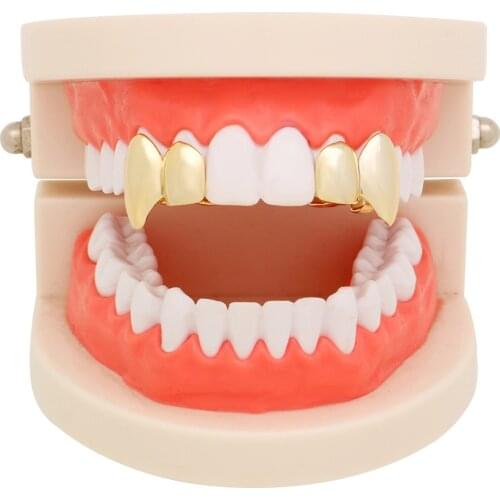 2PC 1Pair Big Gold Fang Men Hip Hop teeth Grillzs Top Bottom TeethGrillz Vampire Fang Mens Hip Hop Rapper Jewelry