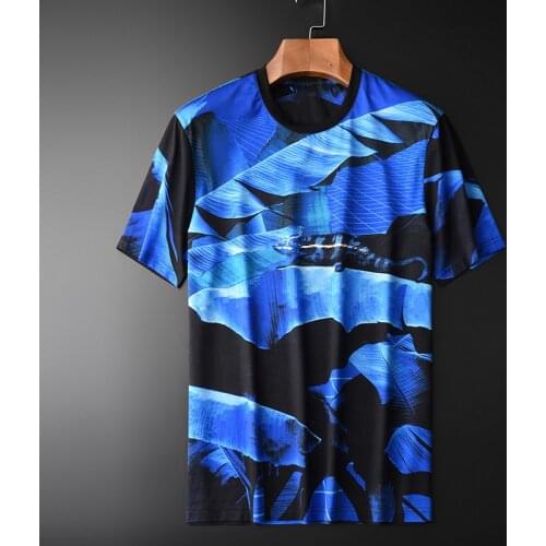 100% Cotton Mens Luxury Allover Printed Blue Short Sleeve Men Plus Size 4xl Slim Fit T-shirts Man