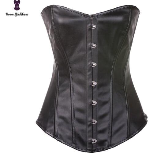 2018 Cheap Price Corset Overbust Corsets Top Synthetic Leather Bustier Top Boned Body Slimming Korset Sexy Black Red Faux Gorset