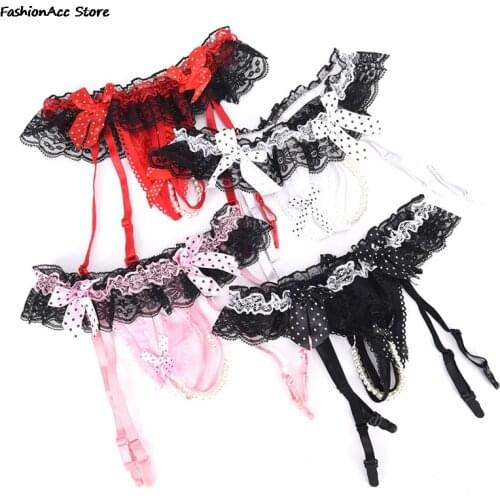 4 Colours Sexy Garter Belt For Stocking Black Lace Suspenders Women Sexy Open Crotch Pearl Panties Bow Lingerie Garter