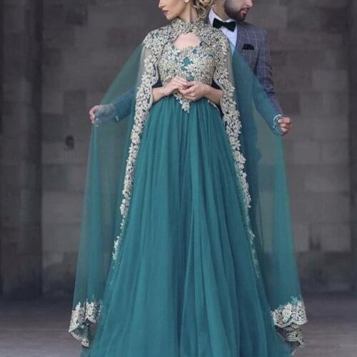 Teal Turquoise Arabic Muslim Evening Dresses With Cape Scoop A Line Soft Tulle WIth Gold Lace Applique Long Prom Celebrity Gowns