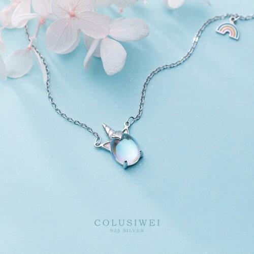 Colusiwei Unicorn and Rainbow Pendant Necklace Colorful Crystal Necklaces for Women Real 925 Sterling Silver Fine Jewelry
