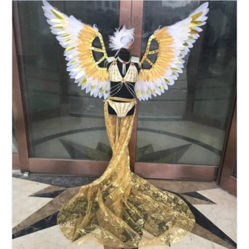Kids stage shows wings feather bikinis catwalk pink red gold colorful green angel wings costumes for girl