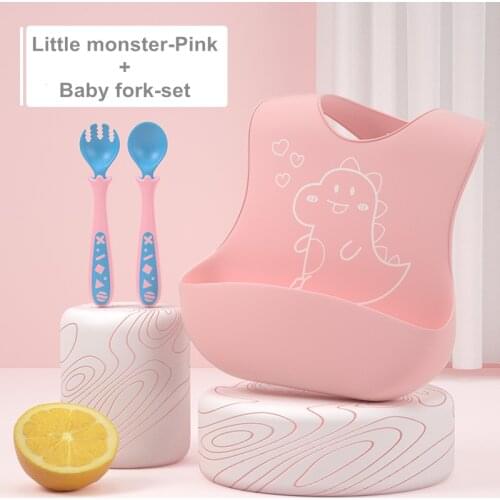 Baby tableware fork set silicone waterproof baby bib stainless steel fork set for baby eat training