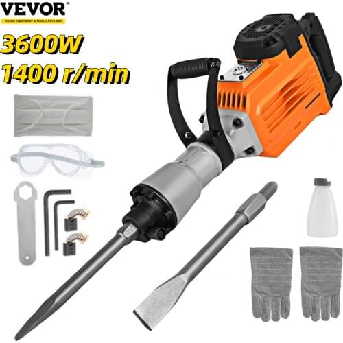 VEVOR 3600W Electric Demolition Hammer Heavy Duty Concrete Breaker 1800 RPM Chipping Jack Hammer Drills with Chisels Jackhammer