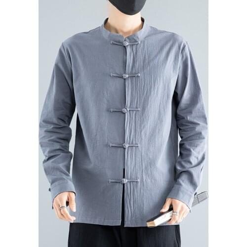 Chinese Style Cotton Shirt Men Long Sleeve Button Solid Casual Camisa Vintage Traditional Chinese Tang Suit Men Plus Size