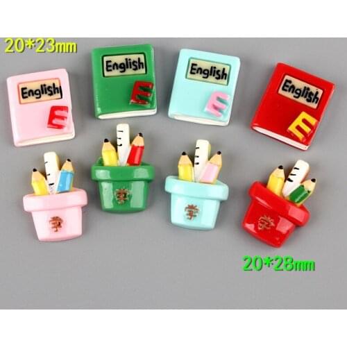 Kawaii Resin Cabochons 10pcs Colorful English Book Pencil Cup Cameo Patch sticker Girls Bow Center DIY Embellishments Buttons