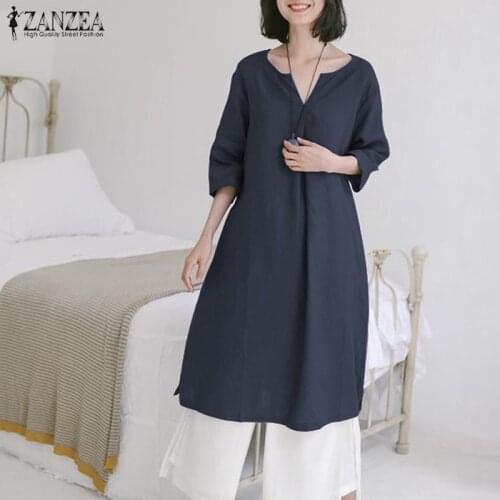 ZANZEA Summer Women Vintage Long Shirt Casual Solid Blouse Loose 3/4 Sleeve Blusas Femininas Baggy Tunic Tops Chemise