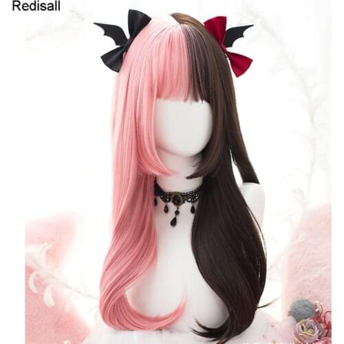 Mixed Pink Brown Lolita Wig Harajuku Sakura Sweet Long Straight Cute Synthetic Hair Fringe Bangs Adult Girls